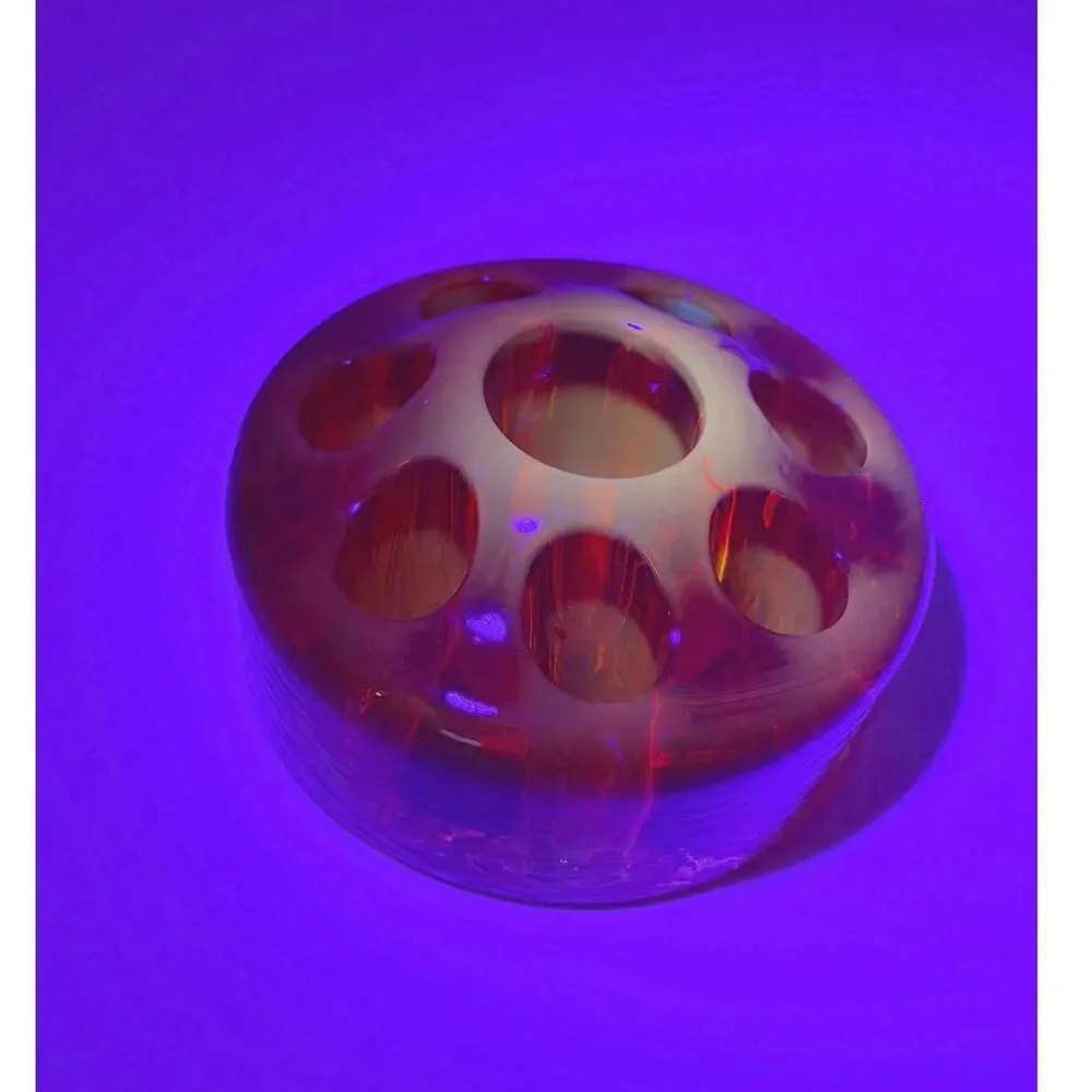 Vintage Fenton Amberina Glass Flower Frog 8 Hole Cadmium Glow UV Blacklight